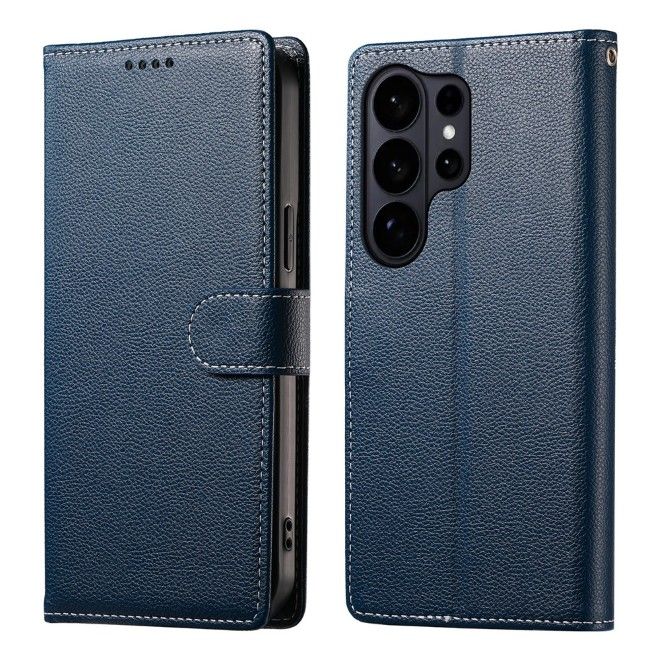 Samsung Galaxy S26 Ultra Handy Hülle - Litchi Leder Bookcover Series - dunkelblau