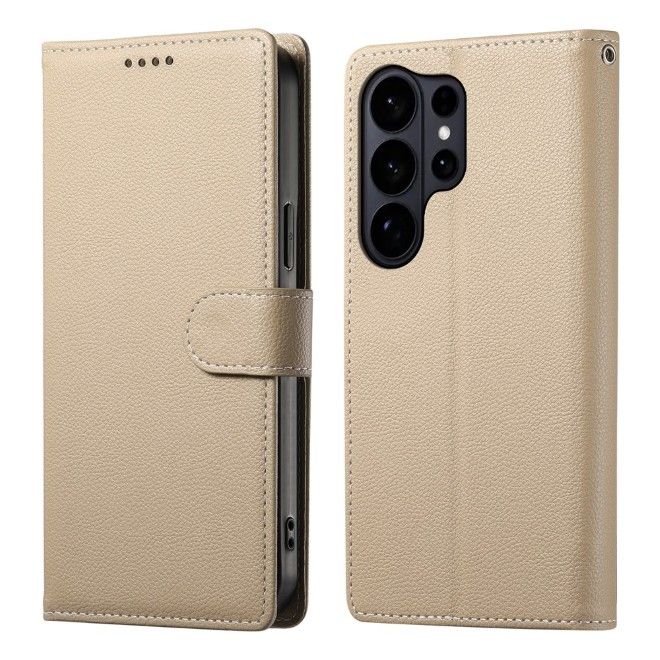Samsung Galaxy S26 Ultra Handy Hülle - Litchi Leder Bookcover Series - beige