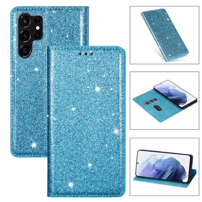 Samsung Galaxy S26 Ultra Hülle - Glitzerndes Leder Bookcover - Glitter Sequins Stand Series - blau