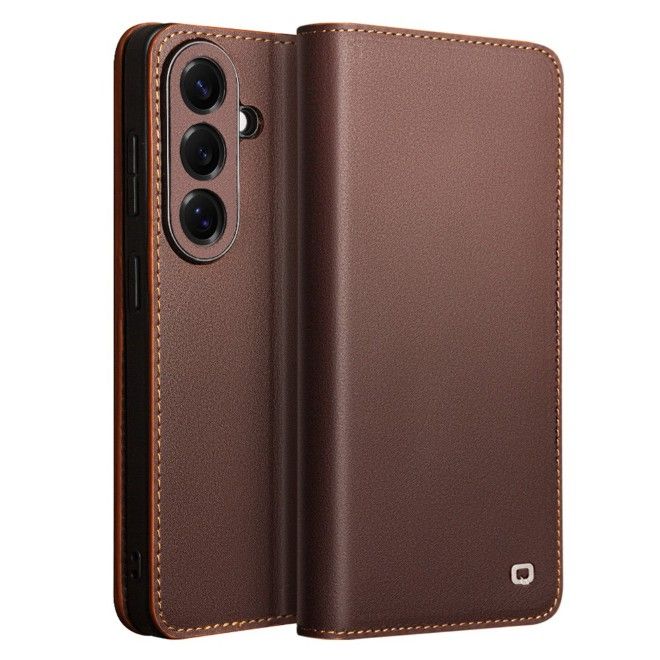 Qialino - Samsung Galaxy S26+ Echtleder Hülle - Modern Series Bookcover - braun