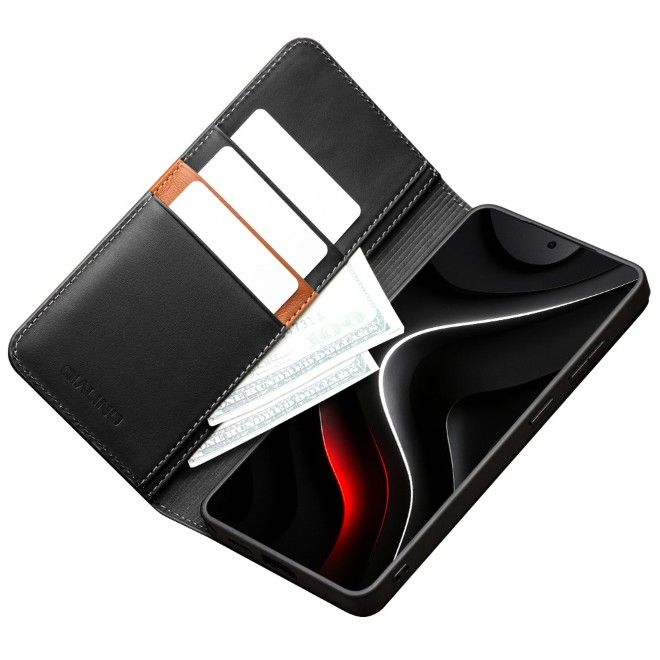 Qialino - Samsung Galaxy S26+ Genuine Leather Case - Modern Series Bookcover - Black