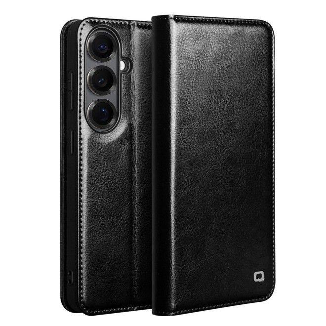 Qialino - Samsung Galaxy S26 Genuine Leather Case - Genuine Series Bookcover - Black