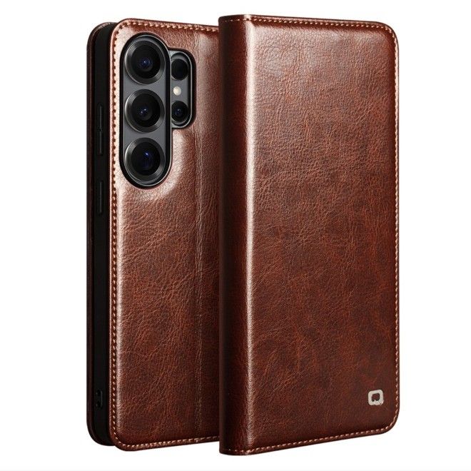 Qialino - Étui en cuir véritable pour Samsung Galaxy S26 Ultra - Collection Genuine Bookcover - Marron