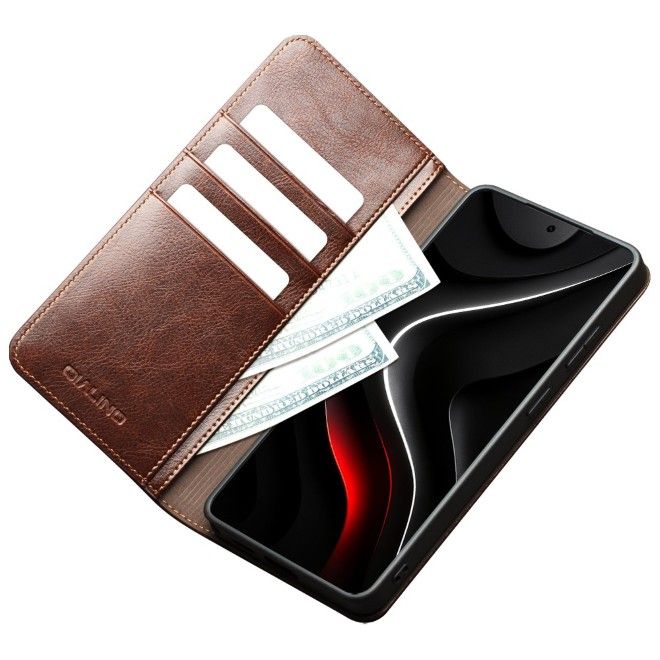 Qialino - Étui en cuir véritable pour Samsung Galaxy S26 Ultra - Collection Genuine Bookcover - Marron