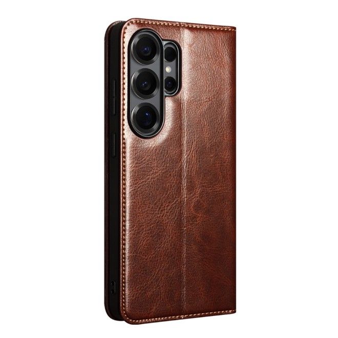 Qialino - Étui en cuir véritable pour Samsung Galaxy S26 Ultra - Collection Genuine Bookcover - Marron