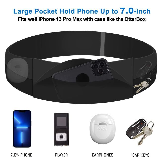 HAISSKY – Ceinture de course avec poche ajustable pour téléphone portable (jusqu'à 7 pouces), réfléchissante – Série RunFlex – noire