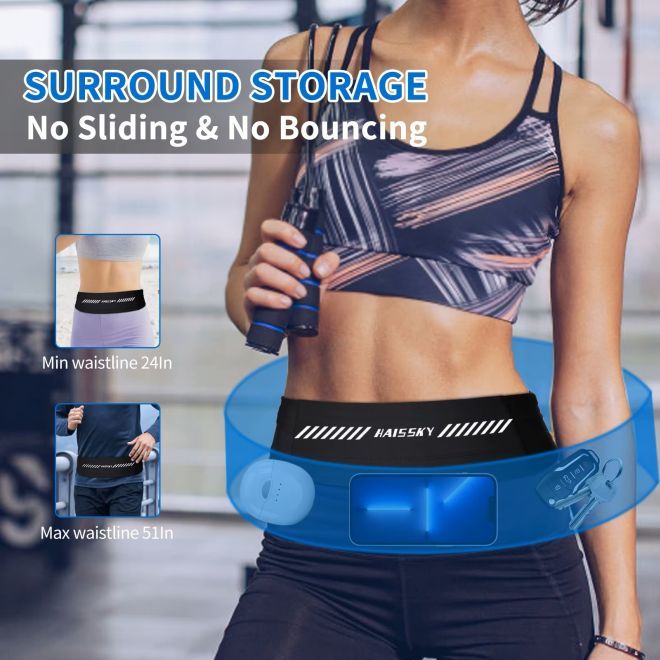HAISSKY – Ceinture de course avec poche ajustable pour téléphone portable (jusqu'à 7 pouces), réfléchissante – Série RunFlex – noire