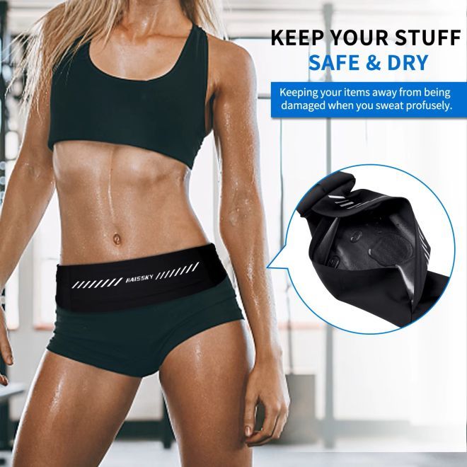 HAISSKY – Ceinture de course avec poche ajustable pour téléphone portable (jusqu'à 7 pouces), réfléchissante – Série RunFlex – noire