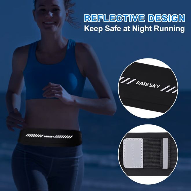 HAISSKY – Ceinture de course avec poche ajustable pour téléphone portable (jusqu'à 7 pouces), réfléchissante – Série RunFlex – noire