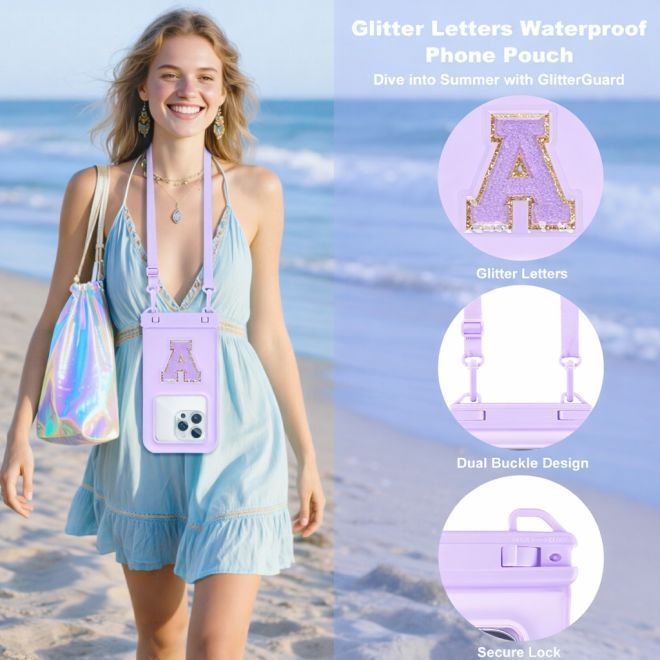 MU Style – Waterproof Smartphone Case with Glitter Letter IPX8 up to 7 inches – Purple