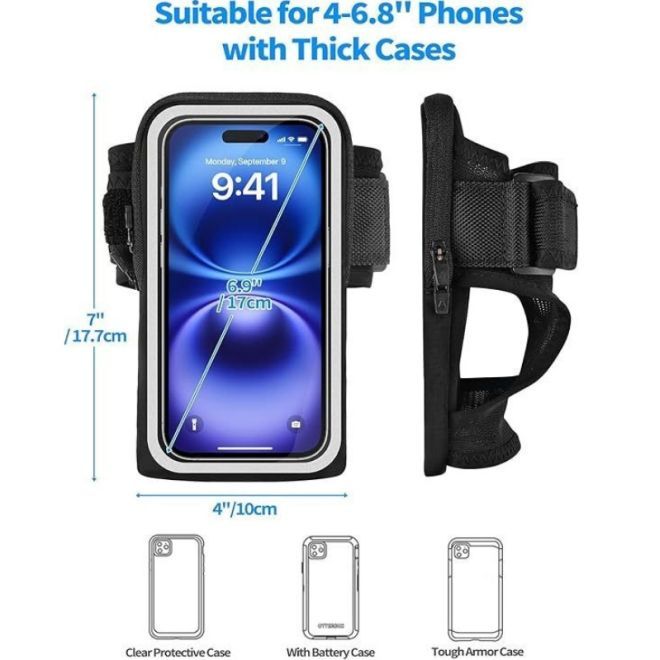 MU Sport – Sport Armband fürs Handgelenk für Smartphone 4.6–6.8 Zoll wasserdicht Touchscreen mit Reflexstreifen – schwarz