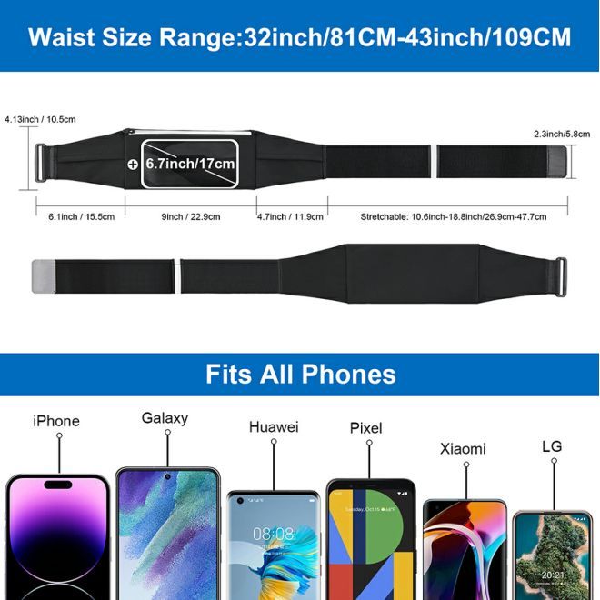 MU Sport – Running belt with phone pocket (up to 6.7 inches), water-repellent, reflective, adjustable, MotionFit Series – black