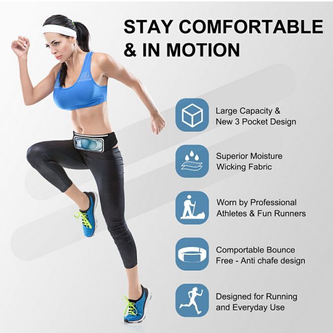 MU Sport – Running belt with phone pocket (up to 6.7 inches), water-repellent, reflective, adjustable, MotionFit Series – black