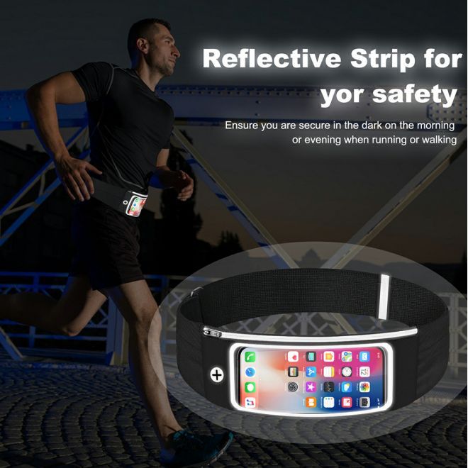 MU Sport – Running belt with phone pocket (up to 6.7 inches), water-repellent, reflective, adjustable, MotionFit Series – black