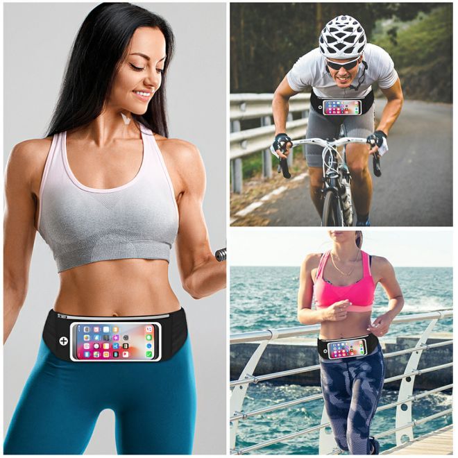 MU Sport – Running belt with phone pocket (up to 6.7 inches), water-repellent, reflective, adjustable, MotionFit Series – black
