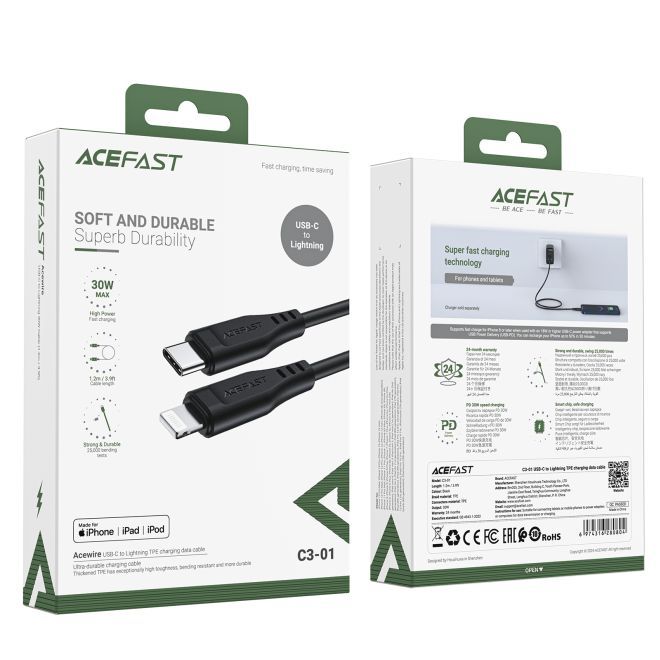 ACEFAST – USB Type-C to Lightning Charging and Data Cable 1.20 m PD 30W MFi Certified – Black