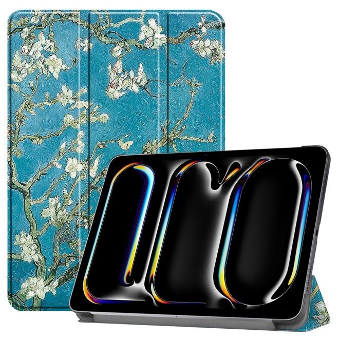 Housse iPad Pro 11 (2025/2024) - Étui en cuir triple rabat - Fleurs blanches