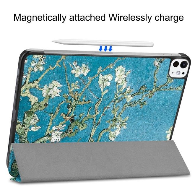 Housse iPad Pro 11 (2025/2024) - Étui en cuir triple rabat - Fleurs blanches