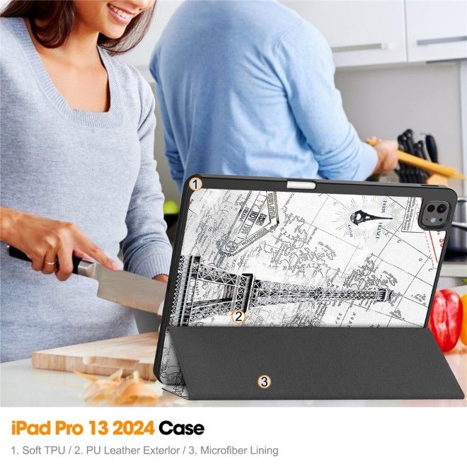 iPad Pro 13 (2025/2024) Hülle - Dreifach faltbares Case aus Leder - Eiffelturm