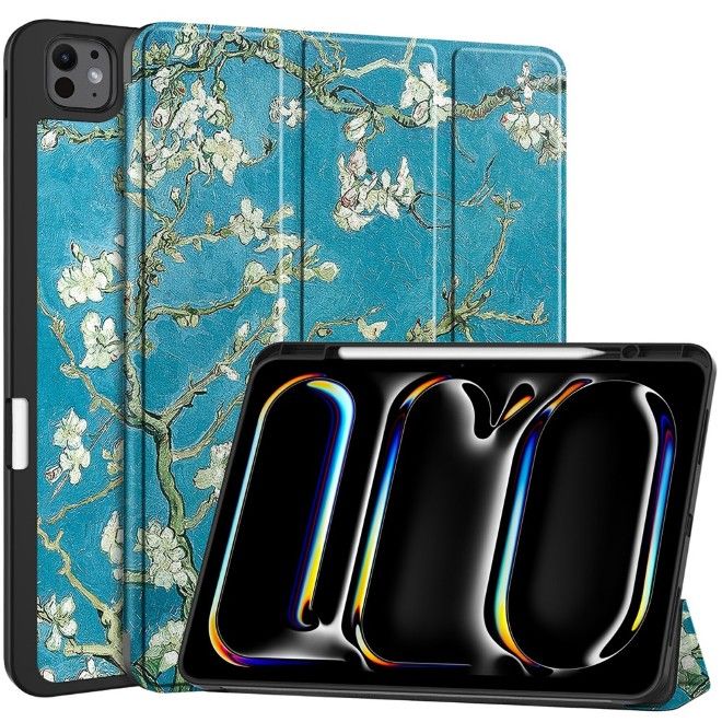 Coque iPad Pro 13 (2025/2024) - Étui pliable en cuir - Fleurs blanches