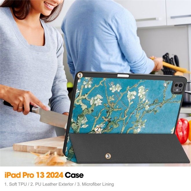 Coque iPad Pro 13 (2025/2024) - Étui pliable en cuir - Fleurs blanches