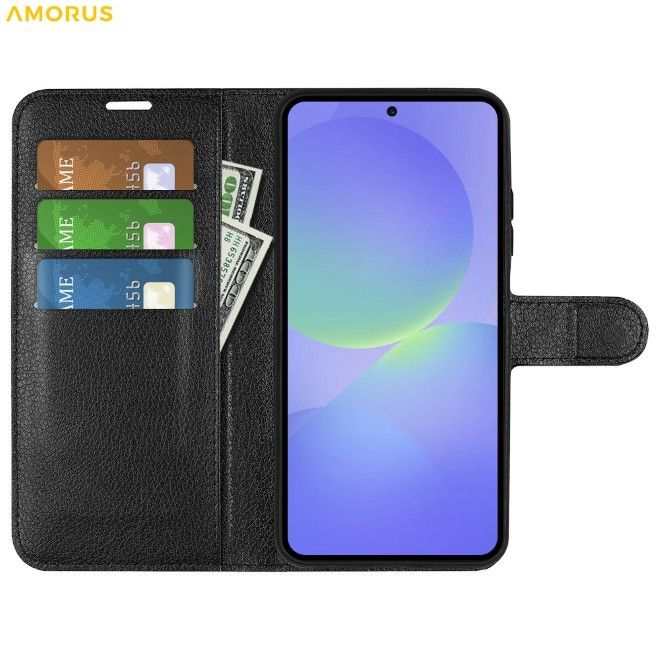 Amorus - Samsung Galaxy A37 Hülle - Leder Bookcover mit Litchitextur - schwarz