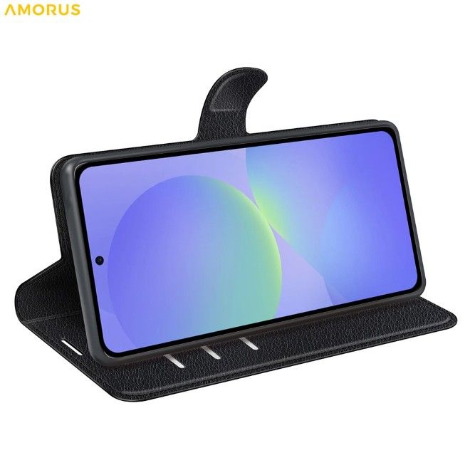 Amorus - Samsung Galaxy A37 Hülle - Leder Bookcover mit Litchitextur - schwarz