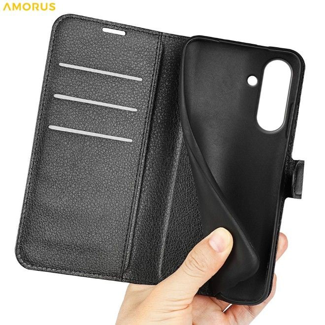 Amorus - Samsung Galaxy A37 Hülle - Leder Bookcover mit Litchitextur - schwarz