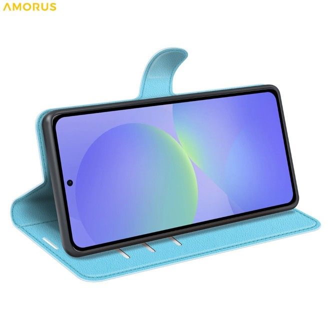 Amorus - Samsung Galaxy A37 Hülle - Leder Bookcover mit Litchitextur - blau