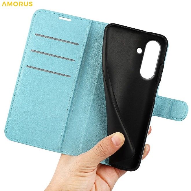 Amorus - Samsung Galaxy A37 Hülle - Leder Bookcover mit Litchitextur - blau