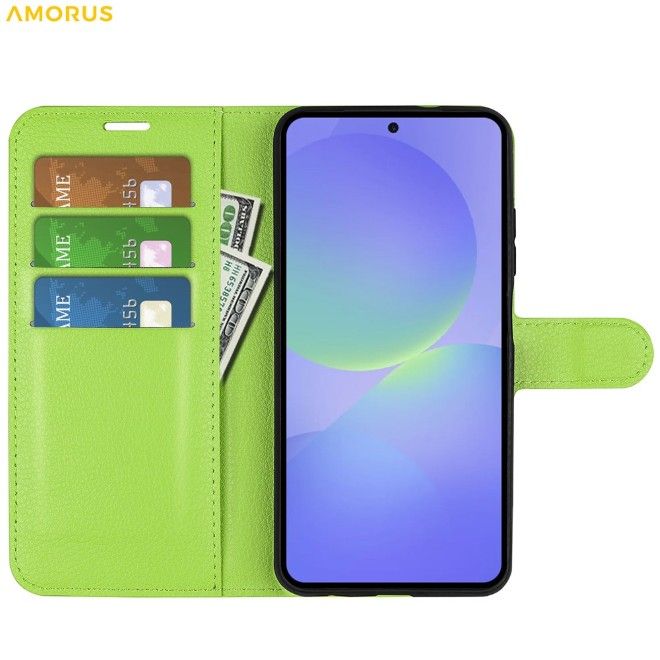 Amorus - Coque Samsung Galaxy A37 - Étui portefeuille en cuir texturé litchi - vert
