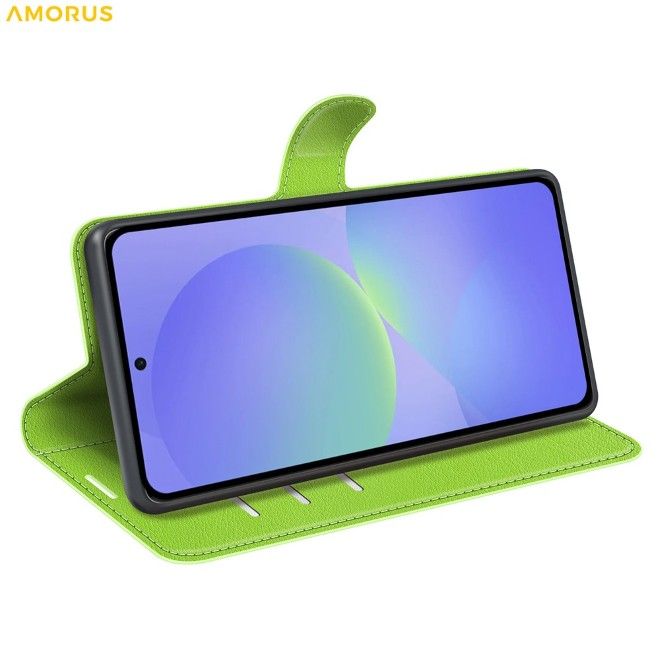 Amorus - Coque Samsung Galaxy A37 - Étui portefeuille en cuir texturé litchi - vert