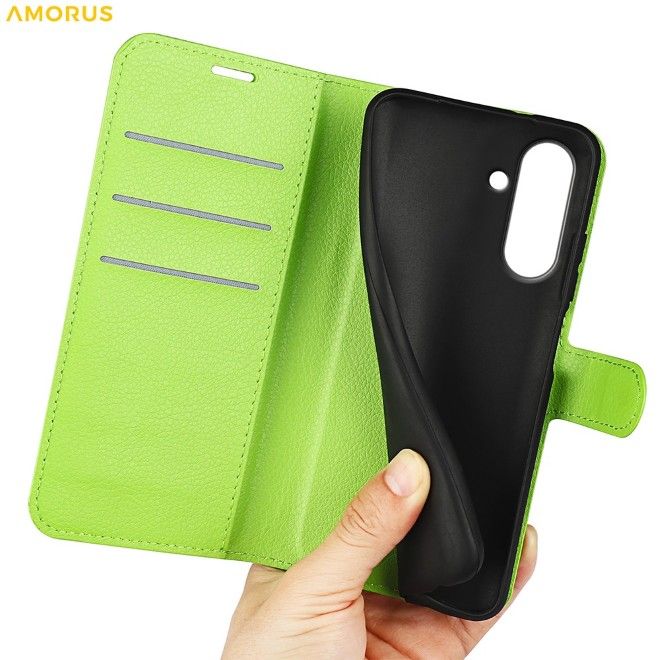 Amorus - Coque Samsung Galaxy A37 - Étui portefeuille en cuir texturé litchi - vert