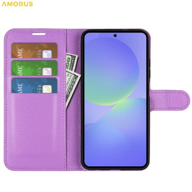Amorus - Samsung Galaxy A37 Hülle - Leder Bookcover mit Litchitextur - purpur