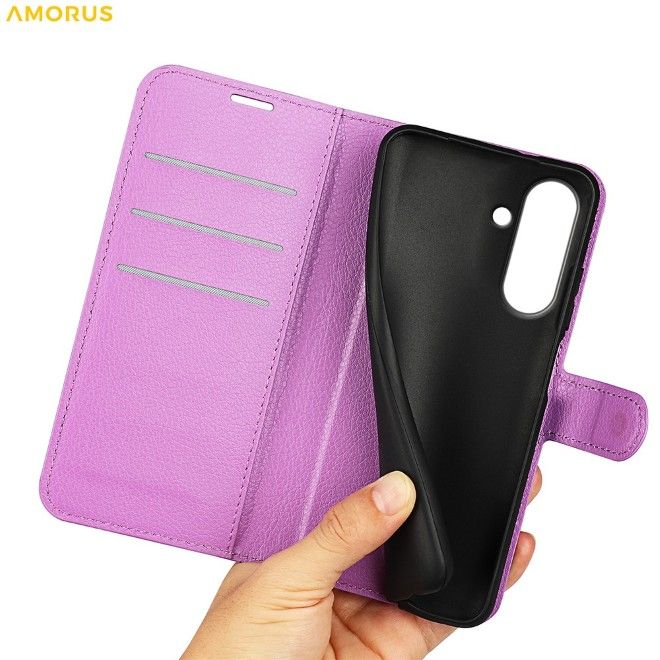Amorus - Samsung Galaxy A37 Hülle - Leder Bookcover mit Litchitextur - purpur