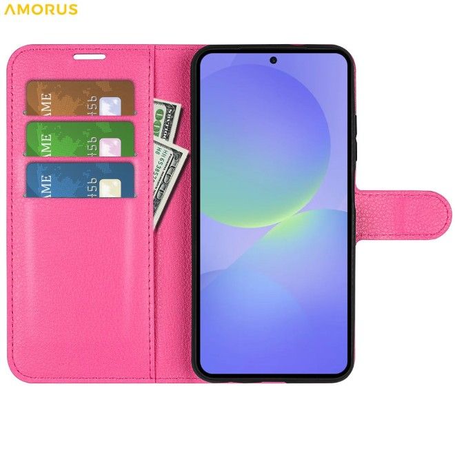 Amorus - Coque Samsung Galaxy A37 - Étui portefeuille en cuir texturé litchi - rose