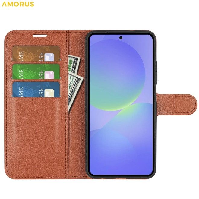 Amorus - Samsung Galaxy A37 Hülle - Leder Bookcover mit Litchitextur - braun