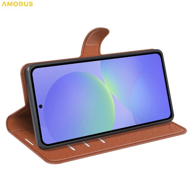 Amorus - Samsung Galaxy A37 Hülle - Leder Bookcover mit Litchitextur - braun