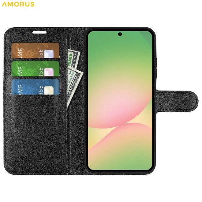 Amorus - Samsung Galaxy A57 Hülle - Leder Bookcover mit Litchitextur - schwarz