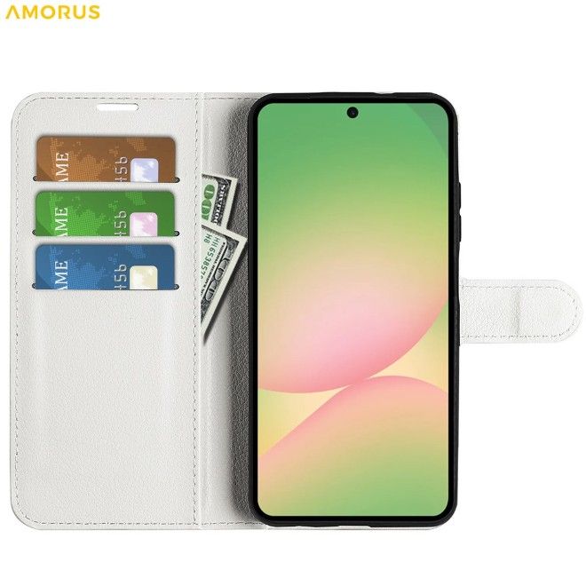 Amorus - Samsung Galaxy A57 Hülle - Leder Bookcover mit Litchitextur - weiss