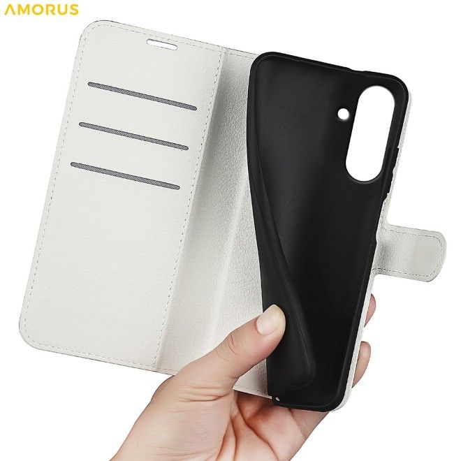 Amorus - Samsung Galaxy A57 Hülle - Leder Bookcover mit Litchitextur - weiss