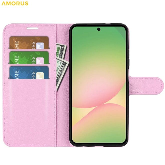 Amorus - Samsung Galaxy A57 Hülle - Leder Bookcover mit Litchitextur - pink