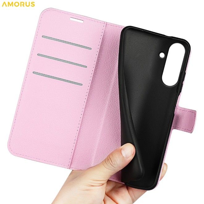 Amorus - Samsung Galaxy A57 Hülle - Leder Bookcover mit Litchitextur - pink