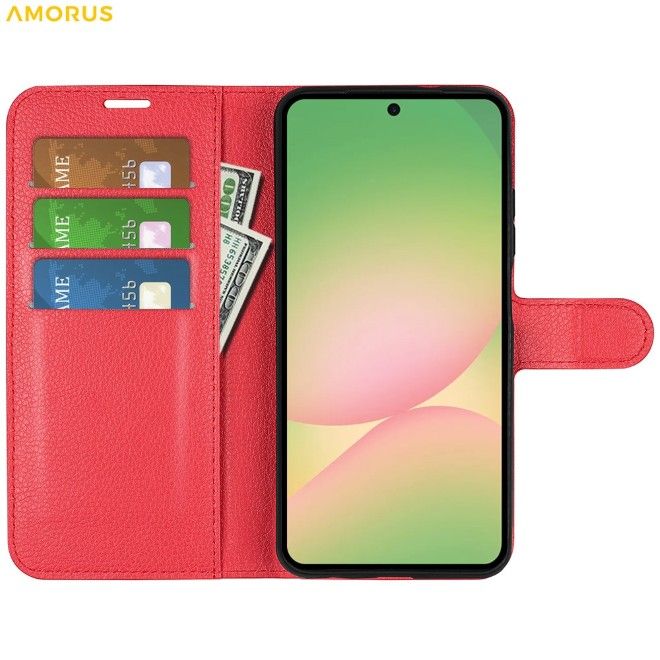 Amorus - Samsung Galaxy A57 Coque - Étui portefeuille en cuir texturé Litchi - rouge