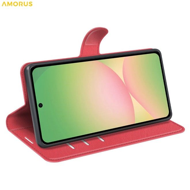 Amorus - Samsung Galaxy A57 Coque - Étui portefeuille en cuir texturé Litchi - rouge