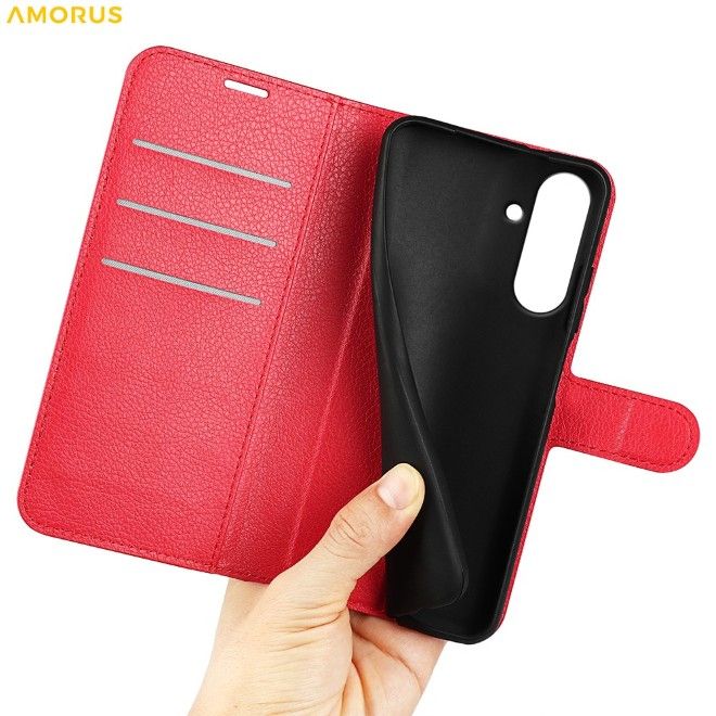 Amorus - Samsung Galaxy A57 Coque - Étui portefeuille en cuir texturé Litchi - rouge