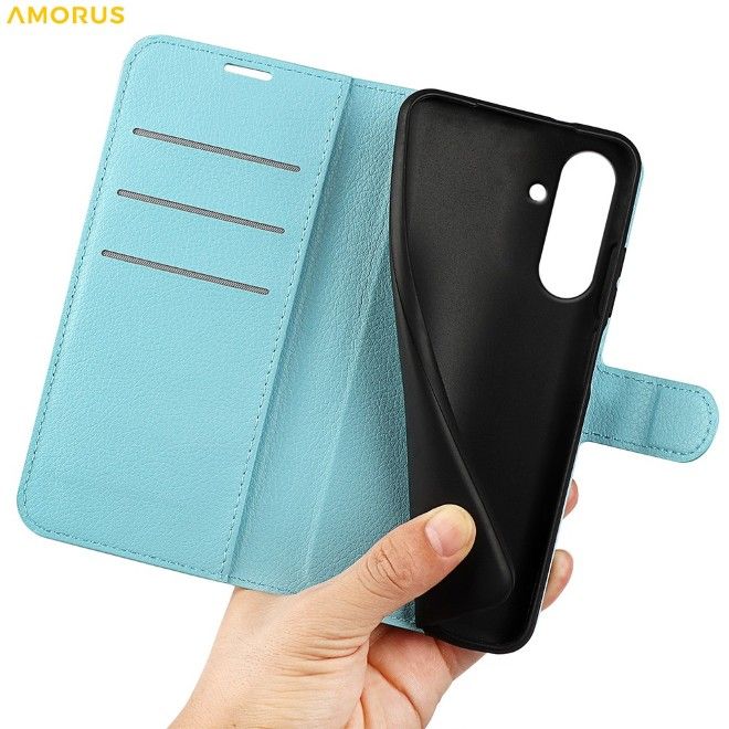Amorus - Samsung Galaxy A57 Hülle - Leder Bookcover mit Litchitextur - blau