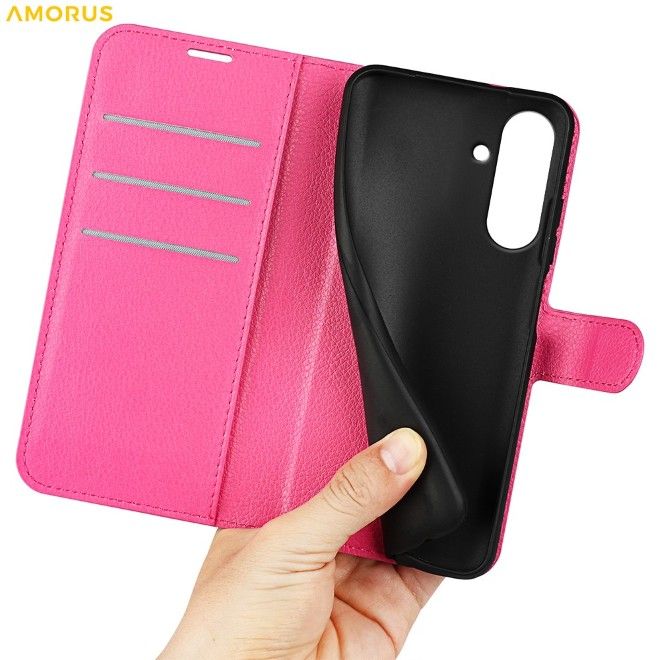 Amorus - Samsung Galaxy A57 Hülle - Leder Bookcover mit Litchitextur - rosa