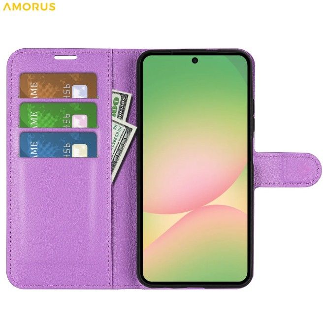Amorus - Coque Samsung Galaxy A57 - Étui portefeuille en cuir texturé litchi - violet