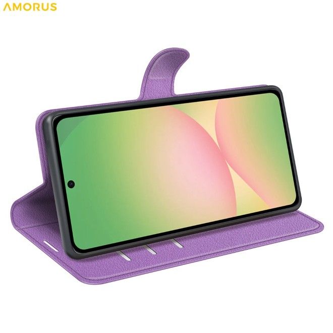 Amorus - Coque Samsung Galaxy A57 - Étui portefeuille en cuir texturé litchi - violet